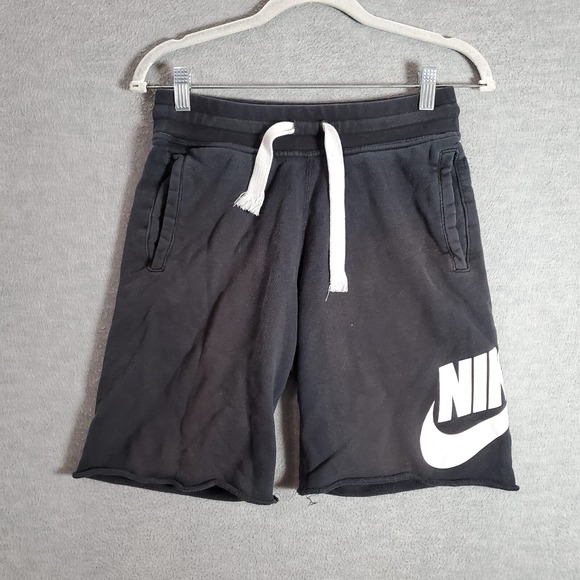 Nike Men Activewear Shorts Small Black Terry Sweats Cufoff Logo Drawstring - Picture 1 of 8